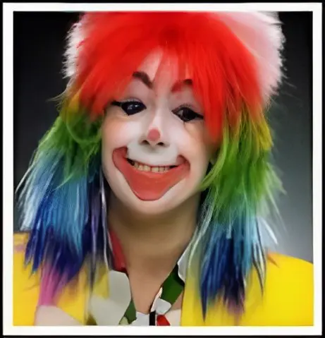 A clown with colorful hair and makeup on.