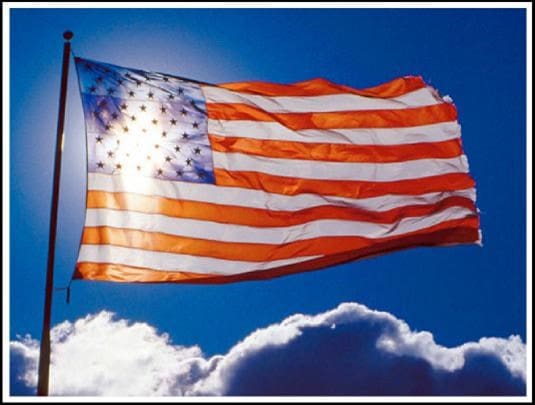 A flag flying in the sky with clouds behind it.